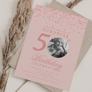 SURPRISE Photo 50th Birthday Rose Gold Blush Pink Invitation