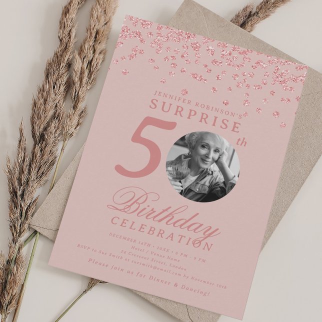SURPRISE Photo 50th Birthday Rose Gold Blush Pink Invitation (Creator Uploaded)