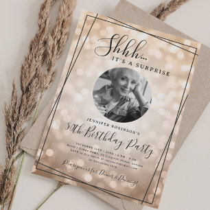 SURPRISE Photo 50th Birthday Rose Gold Bokeh Invitation