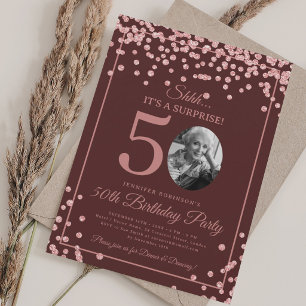 SURPRISE Photo 50th Birthday Rose Gold Burgundy  Invitation