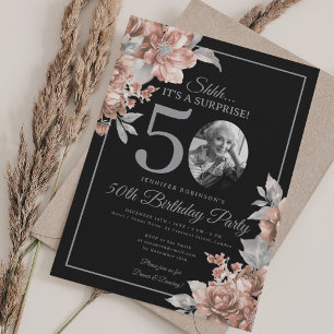 SURPRISE Photo 50th Birthday Rose Gold Floral Blac Invitation