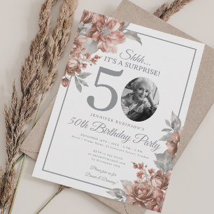 SURPRISE Photo 50th Birthday Rose Gold Floral  Invitation