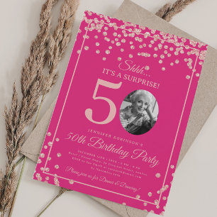 SURPRISE Photo 50th Birthday Rose Gold Hot Pink Invitation