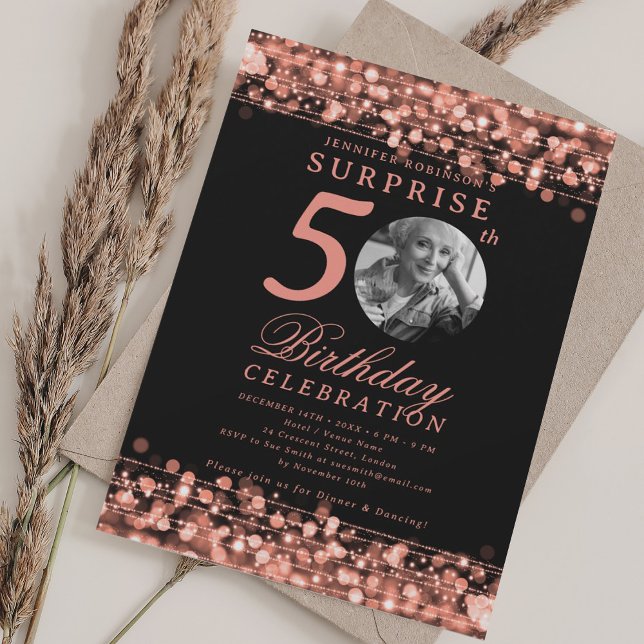 SURPRISE Photo 50th Birthday Rose Gold Lights Invitation (SURPRISE Photo 50th Birthday Rose Gold Lights Invitation)