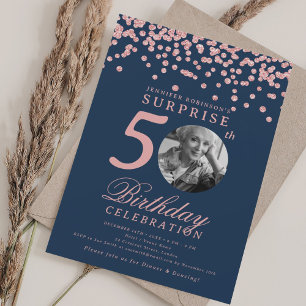 SURPRISE Photo 50th Birthday Rose Gold Navy Blue Invitation