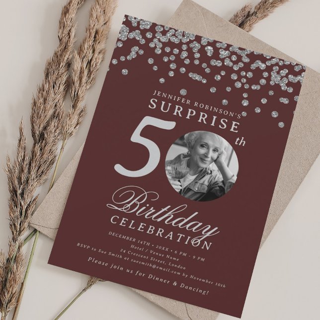 SURPRISE Photo 50th Birthday Silver Burgundy  Invitation (SURPRISE Photo 50th Birthday Silver Burgundy Invitation)