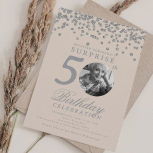 SURPRISE Photo 50th Birthday Silver Champagne Invitation