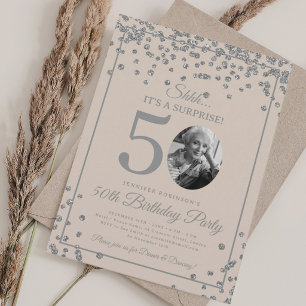 SURPRISE Photo 50th Birthday Silver Confetti Beige Invitation