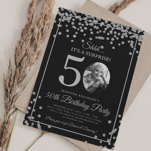 SURPRISE Photo 50th Birthday Silver Confetti Invitation