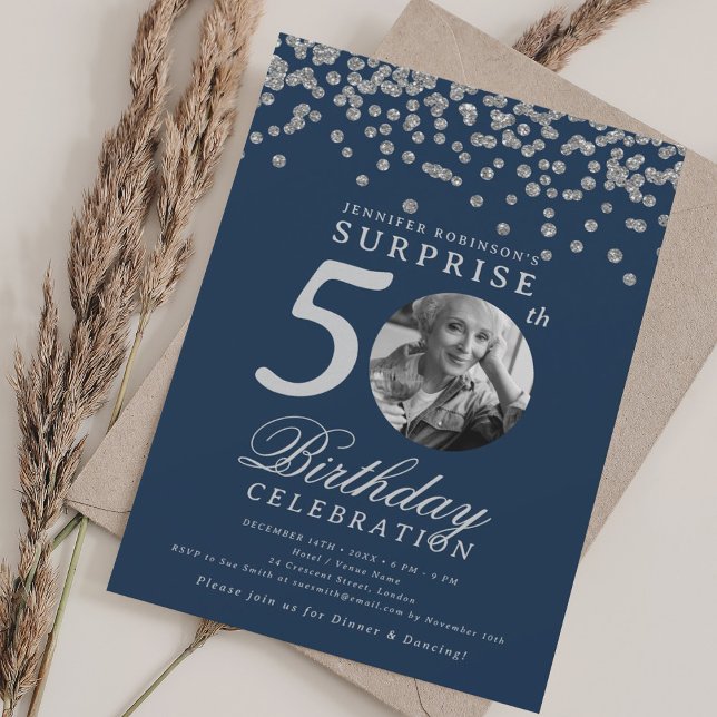 SURPRISE Photo 50th Birthday Silver Confetti Navy Invitation (SURPRISE Photo 50th Birthday Silver Confetti Navy Invitation)