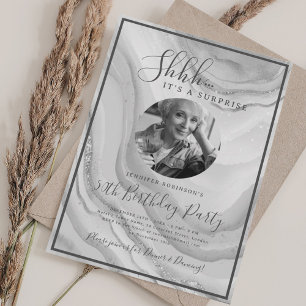 SURPRISE Photo 50th Birthday Silver Marble  Invitation