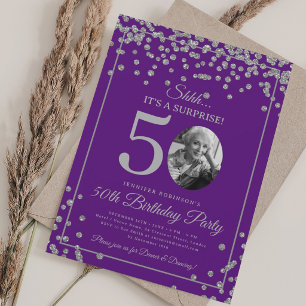 SURPRISE Photo 50th Birthday Silver Purple  Invitation