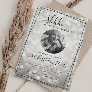 SURPRISE Photo 50th Birthday Silver Sparkle Bokeh Invitation