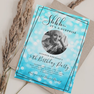 SURPRISE Photo 50th Birthday Turquoise Bokeh Invitation