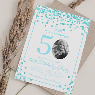 SURPRISE Photo 50th Birthday Turquoise Confetti Invitation