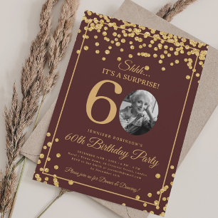 SURPRISE Photo 60 Birthday Gold Confetti Burgundy  Invitation