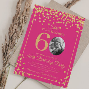 SURPRISE Photo 60 Birthday Gold Confetti Hot Pink Invitation