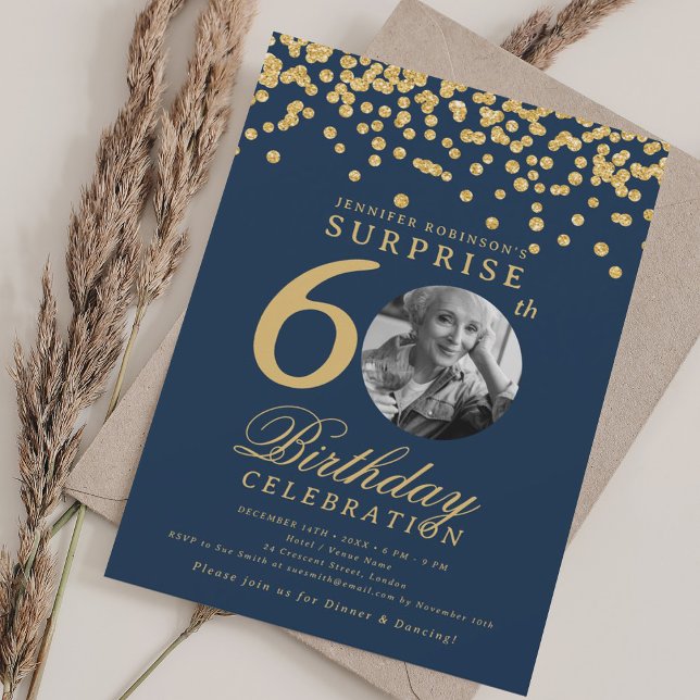 SURPRISE Photo 60 Birthday Gold Confetti Navy Blue Invitation (SURPRISE Photo 60 Birthday Gold Confetti Navy Blue Invitation)