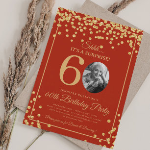 SURPRISE Photo 60 Birthday Gold Confetti Red  Invitation