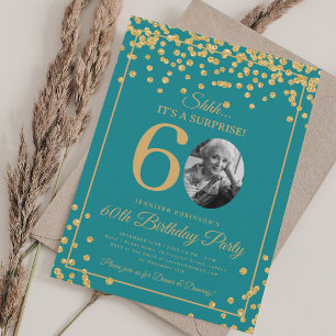 SURPRISE Photo 60 Birthday Gold Confetti Teal  Invitation