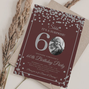 SURPRISE Photo 60 Birthday Silver Confetti Marsala Invitation