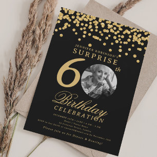 SURPRISE Photo 60th Birthday Gold Confetti Black Invitation