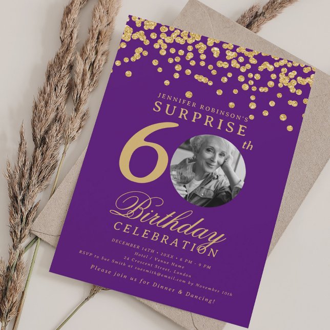 SURPRISE Photo 60th Birthday Gold Confetti Purple Invitation (SURPRISE Photo 60th Birthday Gold Confetti Purple Invitation)