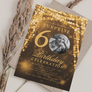 SURPRISE Photo 60th Birthday Gold Glam Lights Invitation