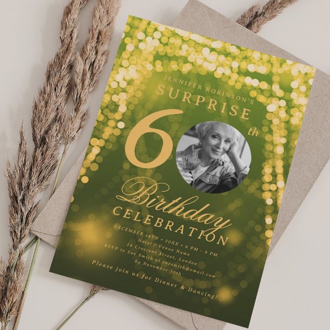 SURPRISE Photo 60th Birthday Green Gold Lights Invitation (SURPRISE Photo 60th Birthday Green Gold Lights Invitation)
