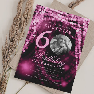 SURPRISE Photo 60th Birthday Hot Pink Glam Lights Invitation