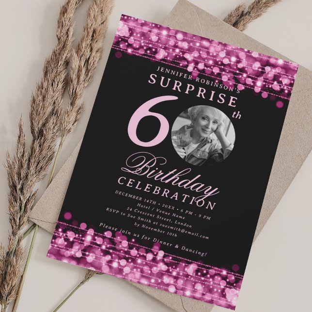 SURPRISE Photo 60th Birthday Hot Pink Lights Invitation (SURPRISE Photo 60th Birthday Hot Pink Lights Invitation)