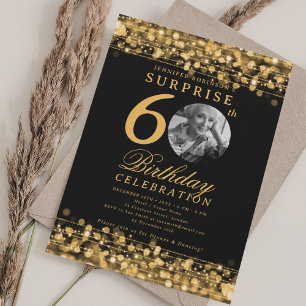 SURPRISE Photo 60th Birthday Party Gold Lights Invitation
