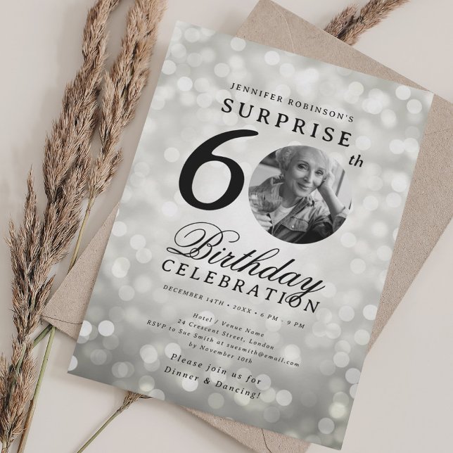 SURPRISE Photo 60th Birthday Party Silver Bokeh Invitation (SURPRISE Photo 60th Birthday Party Silver Bokeh Invitation)