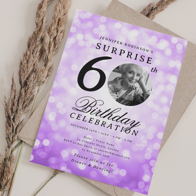 SURPRISE Photo 60th Birthday Purple Bokeh Invitation (SURPRISE Photo 60th Birthday Purple Bokeh Invitation)