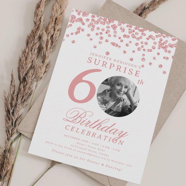 SURPRISE Photo 60th Birthday Rose Gold Confetti Invitation (SURPRISE Photo 60th Birthday Rose Gold Confetti Invitation)