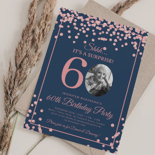 SURPRISE Photo 60th Birthday Rose Gold Navy Blue  Invitation