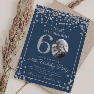 SURPRISE Photo 60th Birthday Silver Confetti Navy Invitation