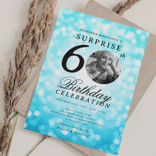 SURPRISE Photo 60th Birthday Turquoise Bokeh Invitation