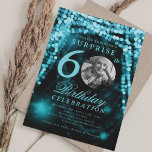 SURPRISE Photo 60th Birthday Turquoise Glam Lights Invitation<br><div class="desc">An elegant "60th Birthday" party invitation design with personalised photo,  modern typography and a string lights background.</div>