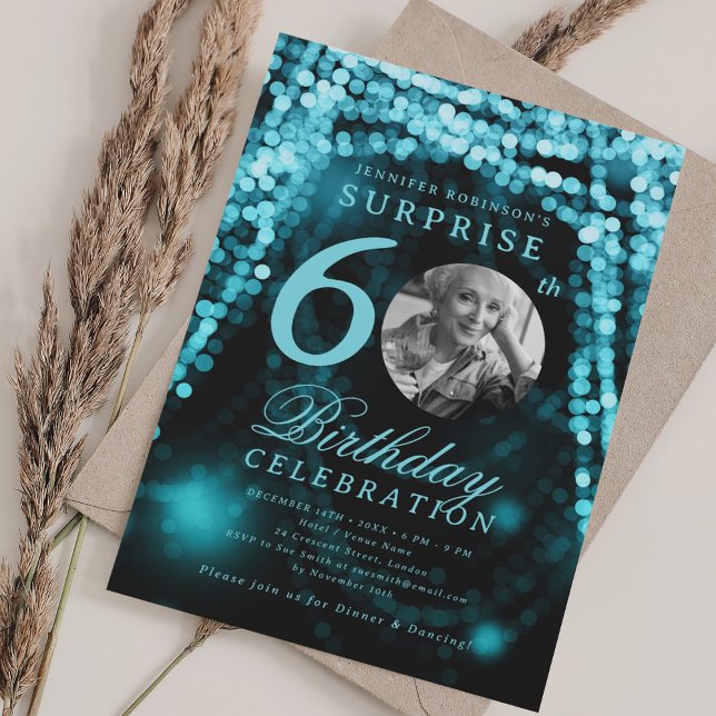 SURPRISE Photo 60th Birthday Turquoise Glam Lights Invitation (SURPRISE Photo 60th Birthday Turquoise Glam Lights Invitation)