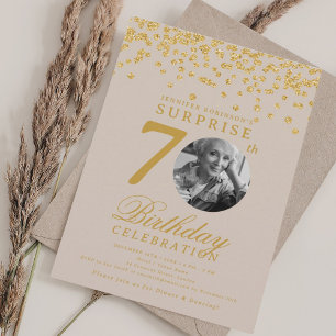 SURPRISE Photo 70 Birthday Gold Confetti Champagne Invitation