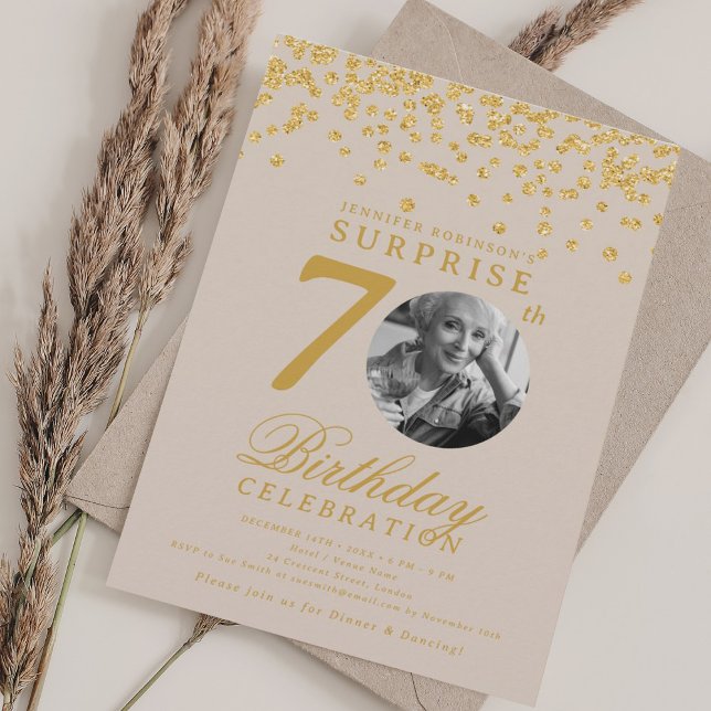 SURPRISE Photo 70 Birthday Gold Confetti Champagne Invitation (SURPRISE Photo 70 Birthday Gold Confetti Champagne Invitation)