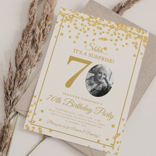 SURPRISE Photo 70 Birthday Gold Glitter Champagne Invitation