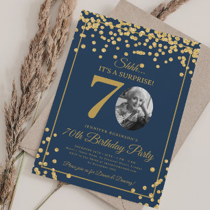 SURPRISE Photo 70 Birthday Gold Glitter Navy Blue  Invitation