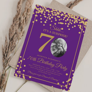 SURPRISE Photo 70 Birthday Gold Glitter Purple  Invitation