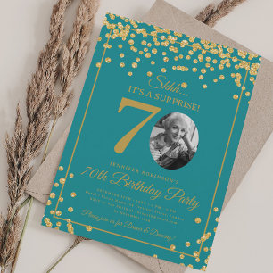 SURPRISE Photo 70 Birthday Gold Glitter Turquoise  Invitation