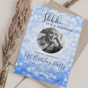 SURPRISE Photo 70th Birthday Blue Bokeh Invitation