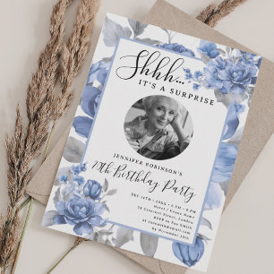 SURPRISE Photo 70th Birthday Garden in Bloom Blue Invitation