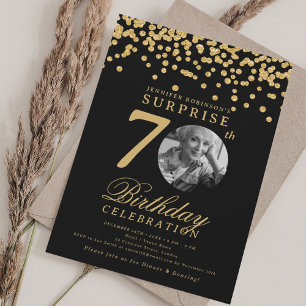 SURPRISE Photo 70th Birthday Gold Confetti Black Invitation