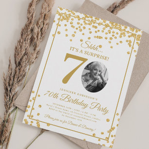 SURPRISE Photo 70th Birthday Gold Glitter Confetti Invitation
